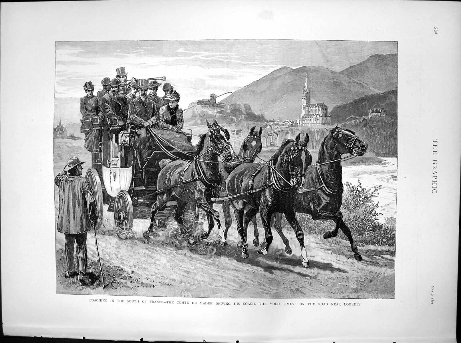 Original Old Antique Print Comte De Madre Driving Coach Times Road Lourdes 1891