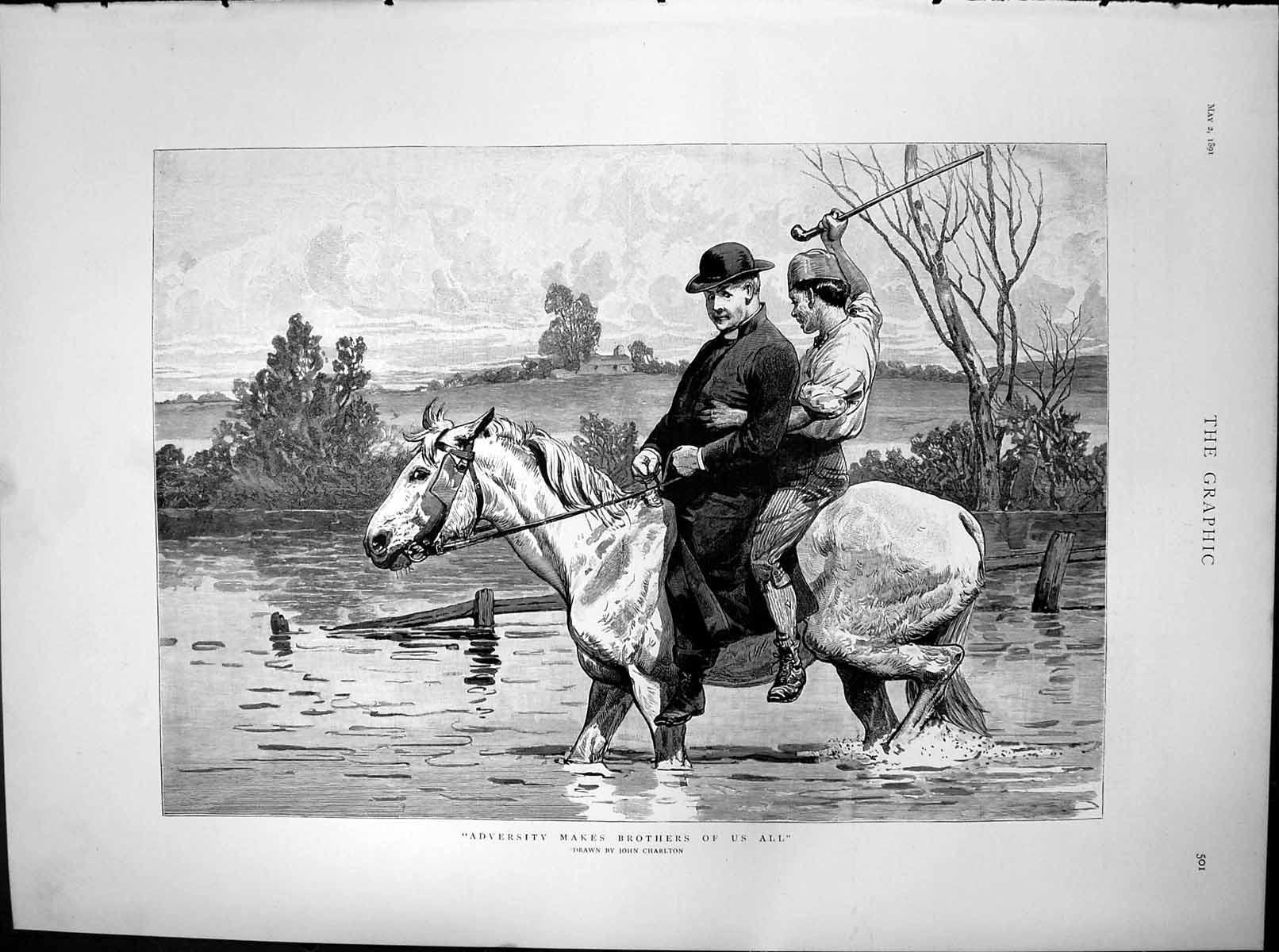 Antique Old Print Adversity Makes Brothers Us All John Charlton Horse 1891 19th