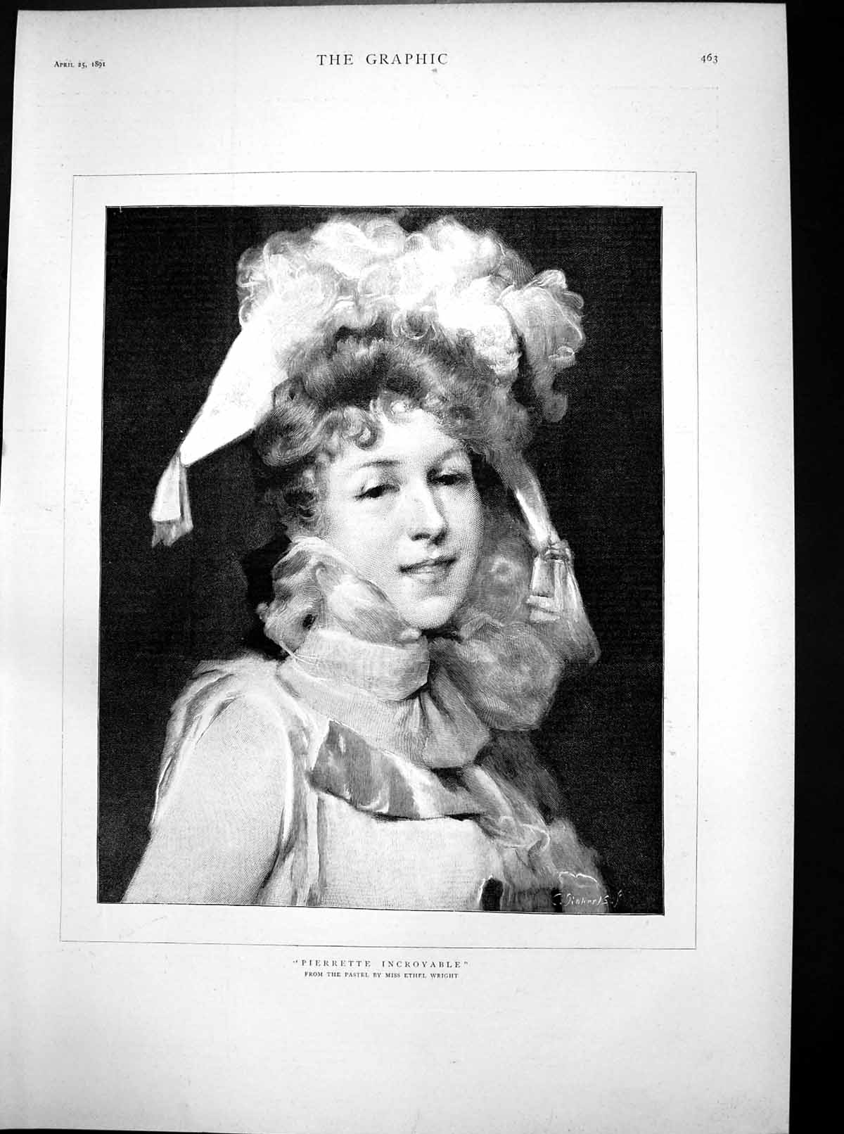 Old Antique Print Pierrette Incroyable Ethel Wright Young Woman Hat 1891 19th