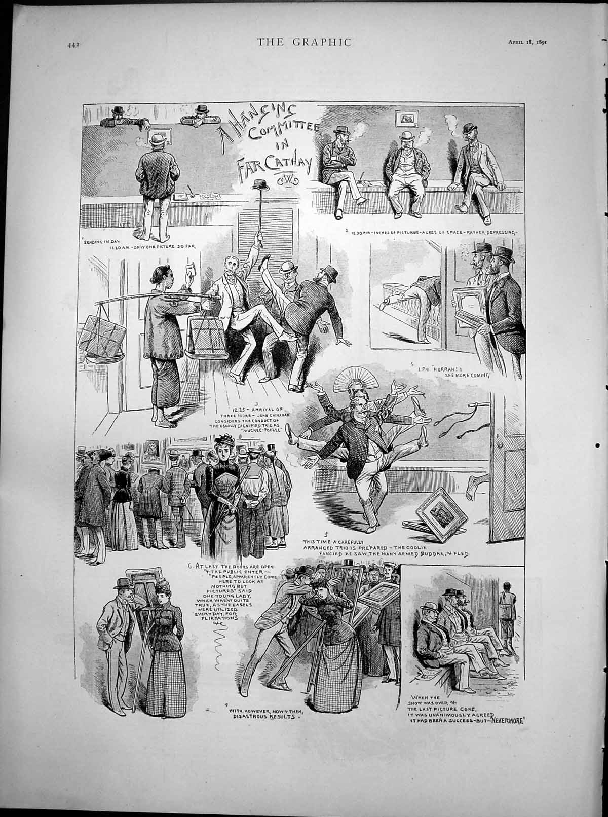 Antique Old Print Hanging Committee Far Cathay Display Pictures Public 1891