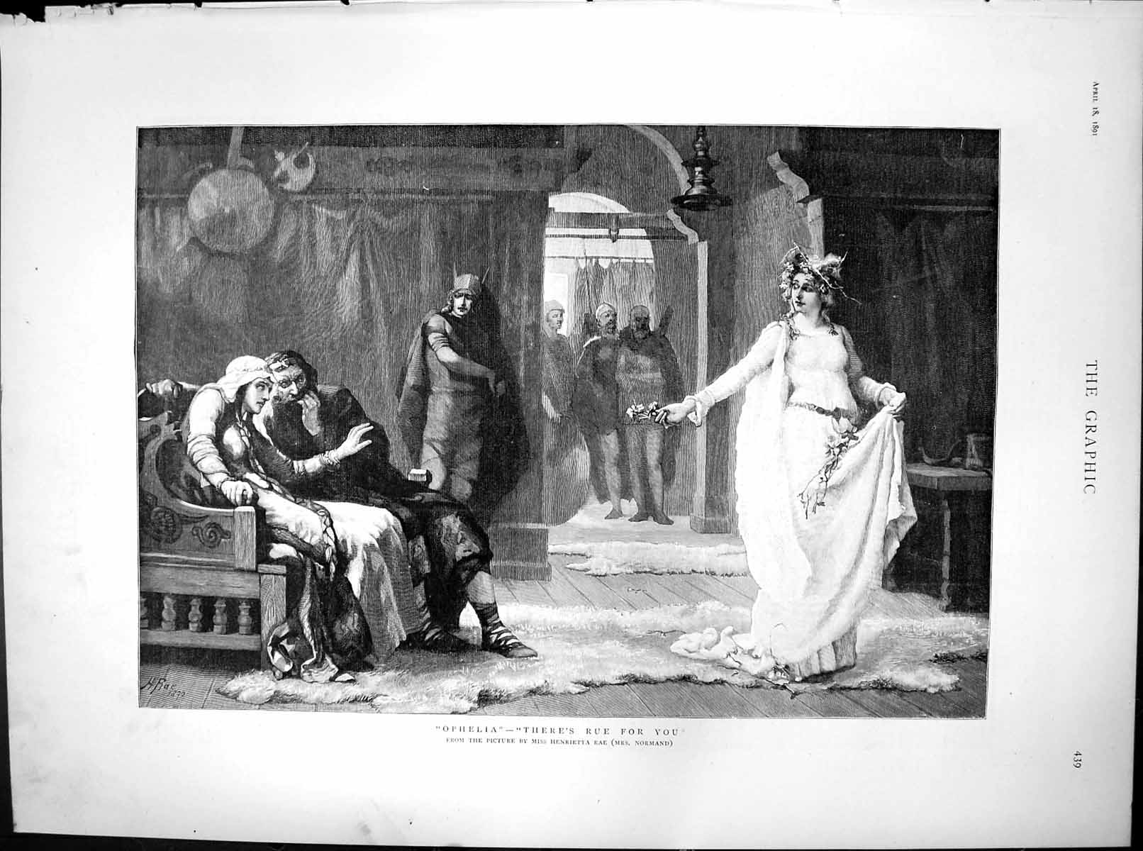 Antique Old Print Ophelia Theres Rue For You Henrietta Rae Mrs Norman 1891 19th