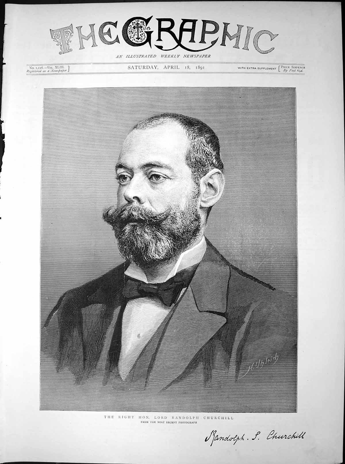 Original Old Antique Print Right Hon Lord Randolph Churchill 1891 Victorian
