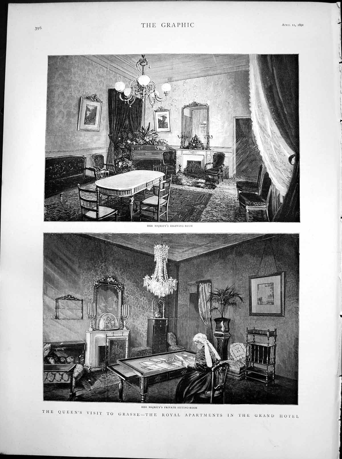 Old Antique Print Queens Visit Grasse Royal Apartments Grand Hotel 1891 19th