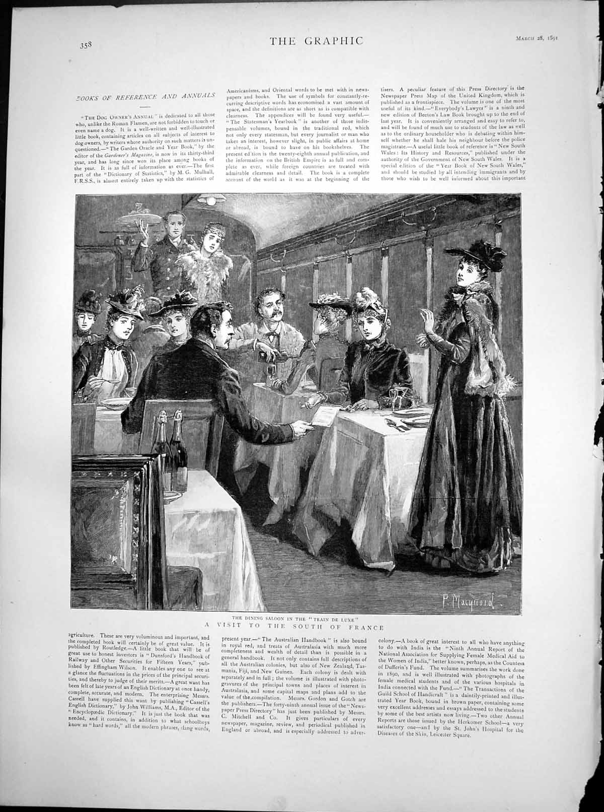 Original Old Antique Print Visit South France Dining Salon Train De Luxe 1891