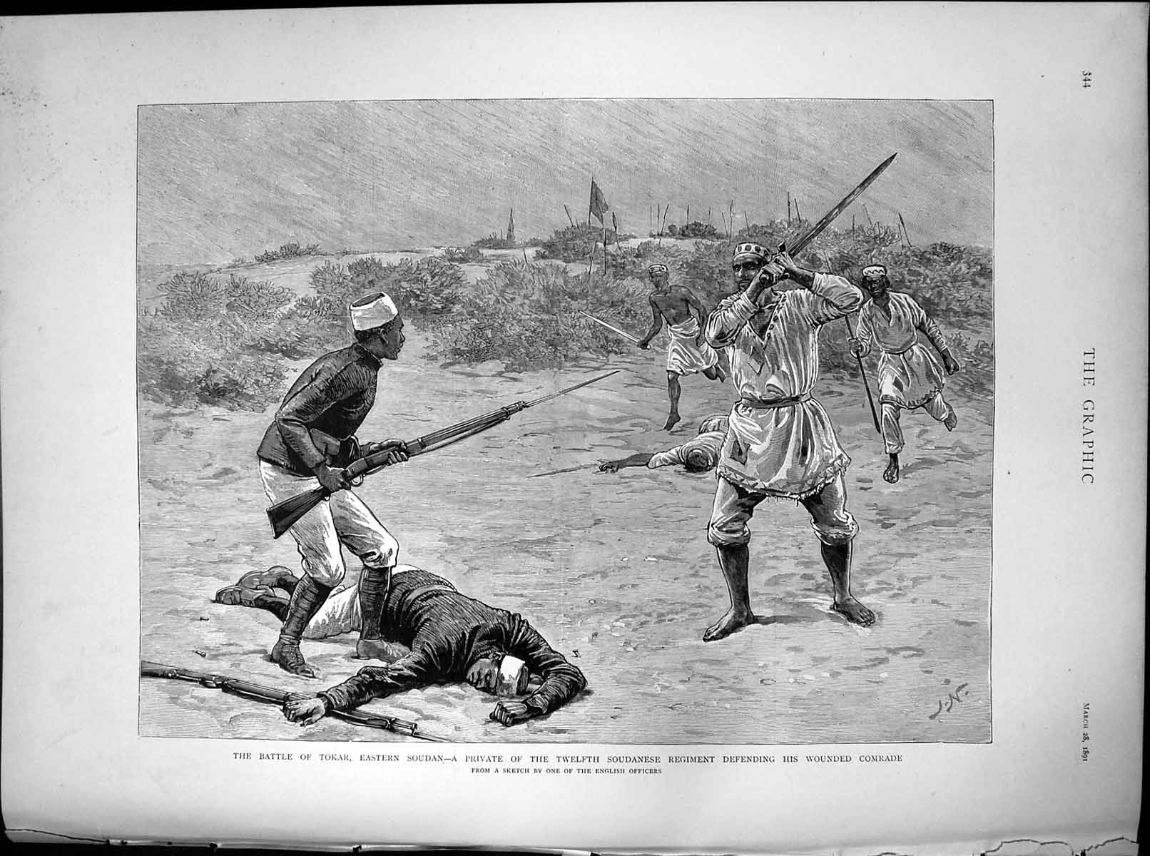 Antique Old Print Battle Tokar Eastern Soudan Private Defending Comrade 1891