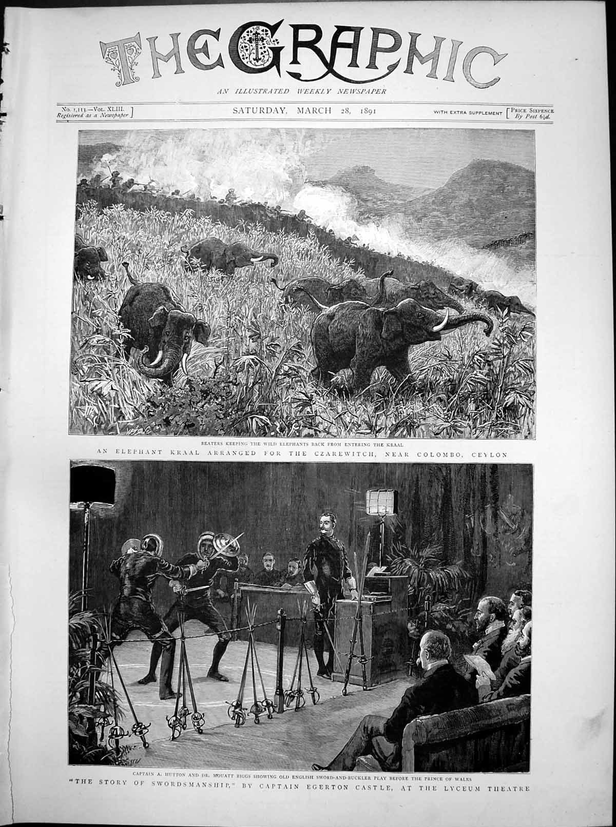 Antique Print Elephant Kraal Colombo Story Swordmanship Lyceum Theatre1891 19th
