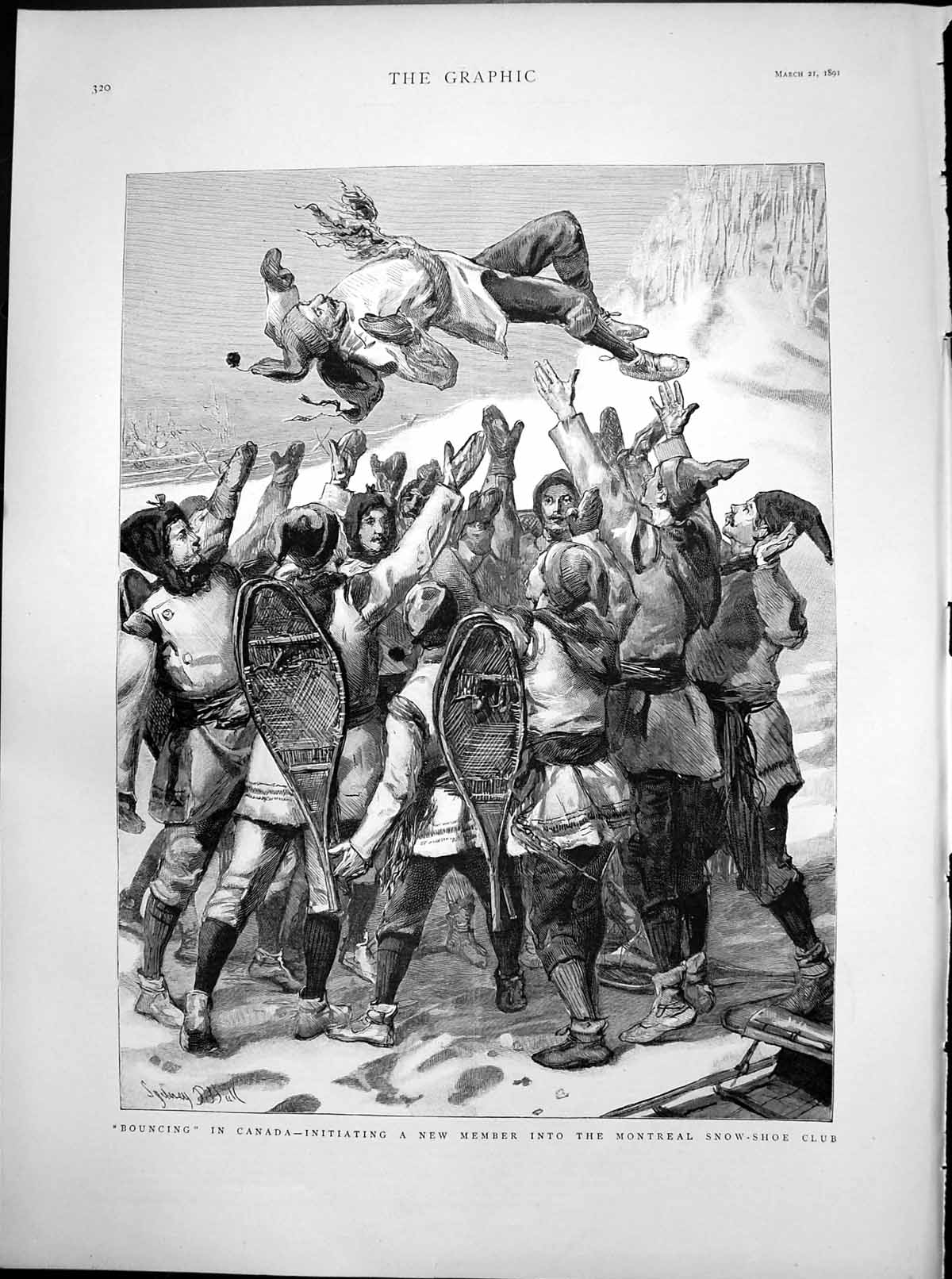 Original Old Antique Print Bouncing Canada Memeber Montreal Snow Shoe Club 1891