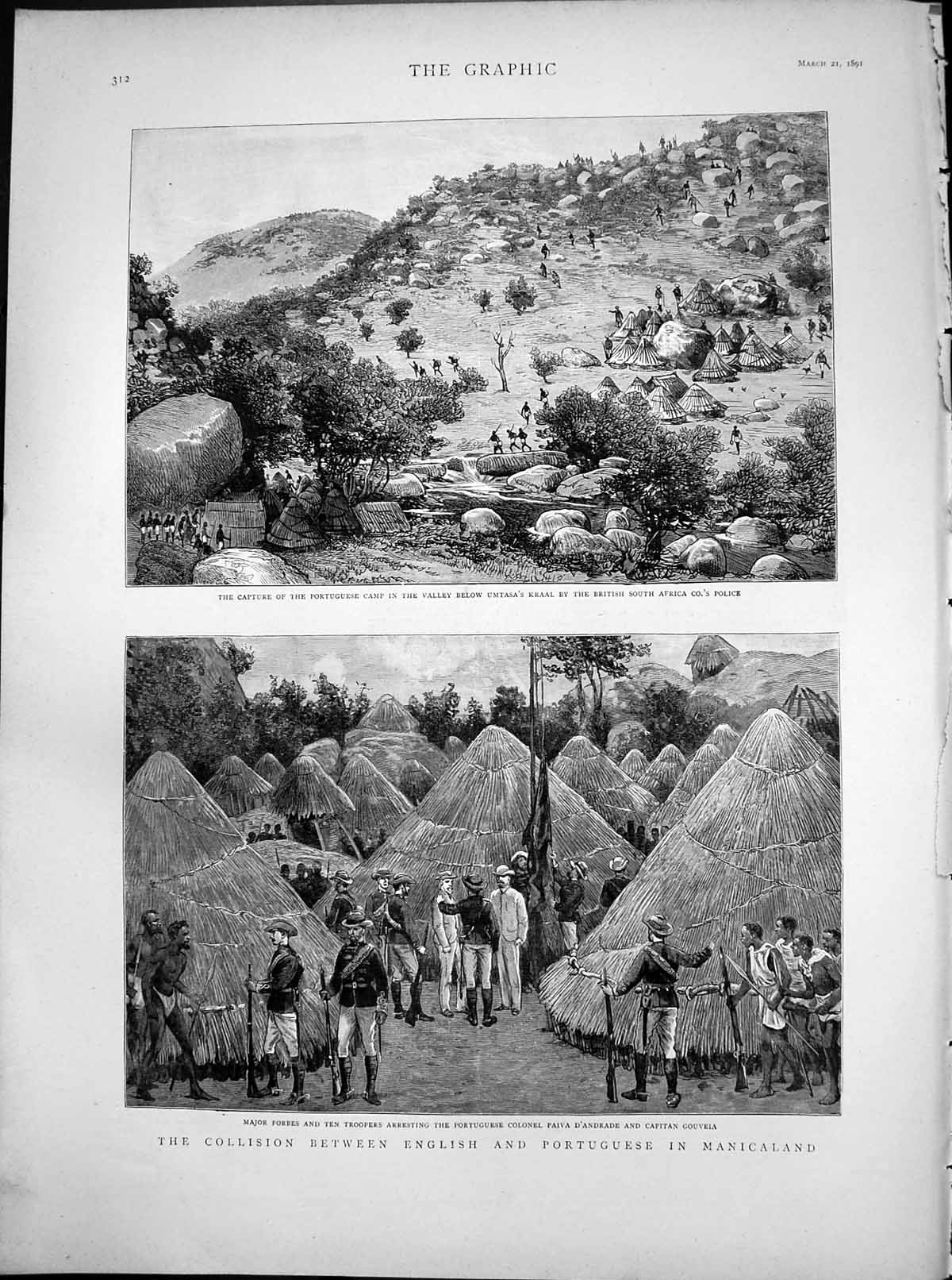Antique Old Print Collision English Portugese Manicaland Major Forbes 1891 19th