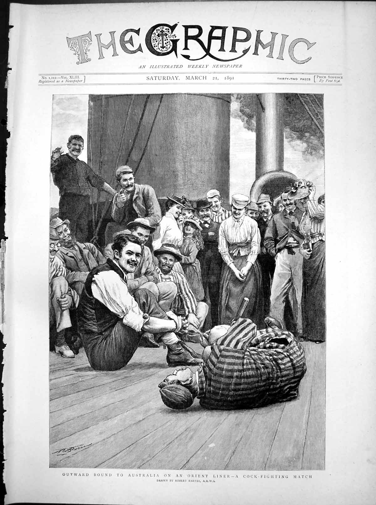 Original Old Antique Print Bound Australia Orient Liner Gamecocks Match 1891