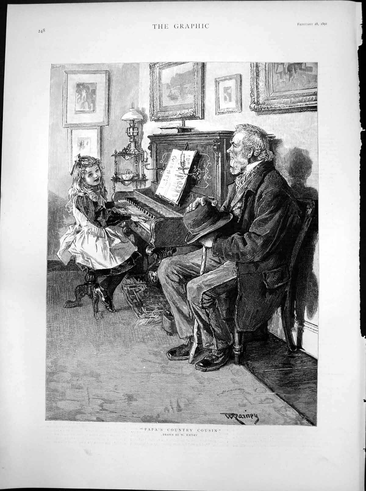Antique Print Papas Country Cousin W Rainey Girl Playing Piano Watched 1891