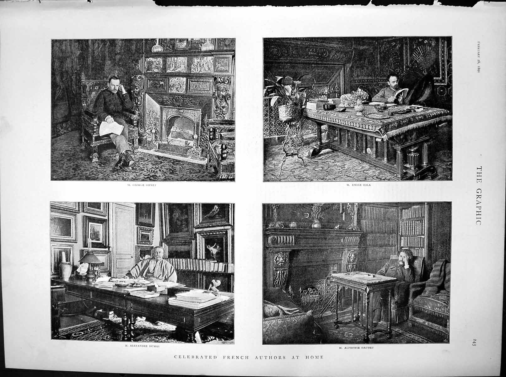 Antique Old Print French Authors Home George Ohnet Emile Zola Ma Daudet 1891