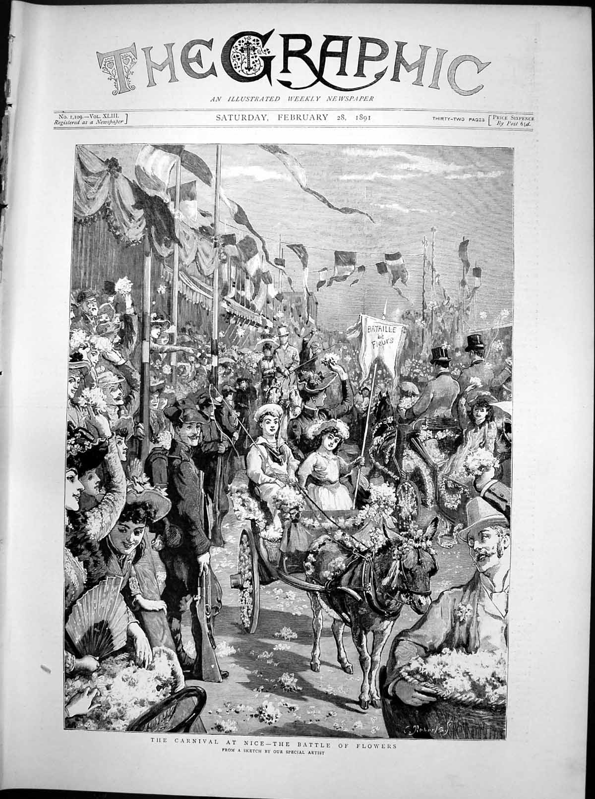 Antique Old Print Carnival Nice Battle Flowers Horses Carriage Flowers 1891
