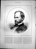 Antique Old Print Late General William Sherman Commander U S Army 1820-1891