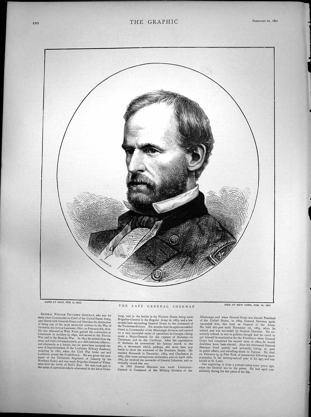 Antique Old Print Late General William Sherman Commander U S Army 1820-1891