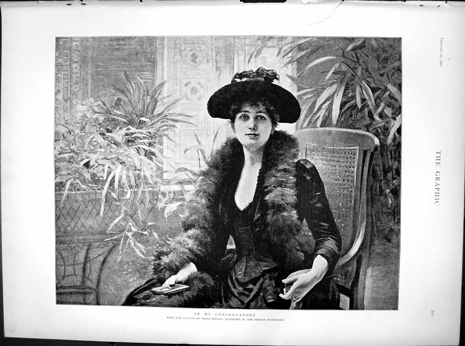 Old Antique Print In My Conservatory Dabat Ponsam Young Lady Hat Fur 1891 19th