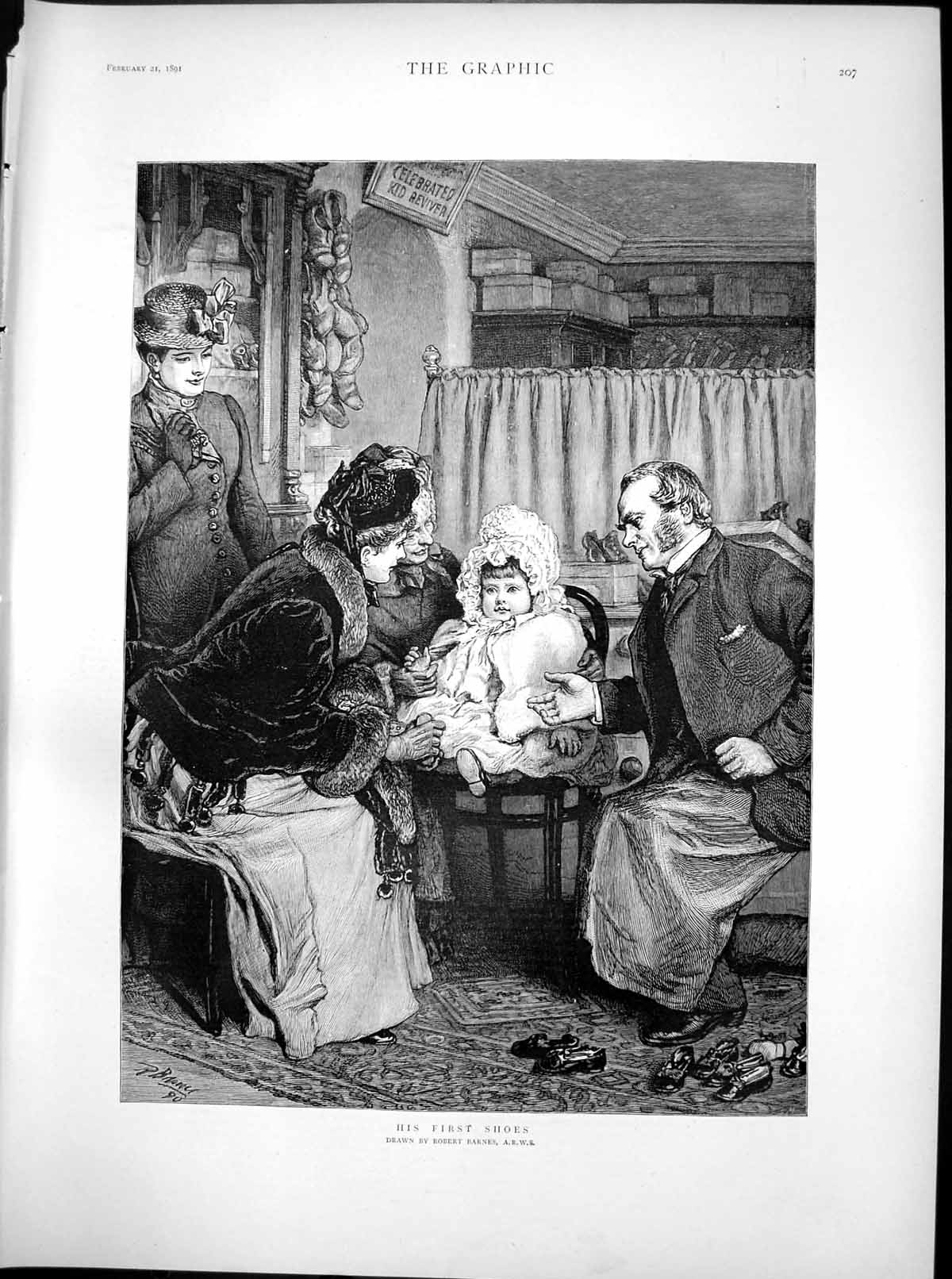 Antique Old Print His First Shoes Robert Barnes Toddler Trying On Shoes 1891