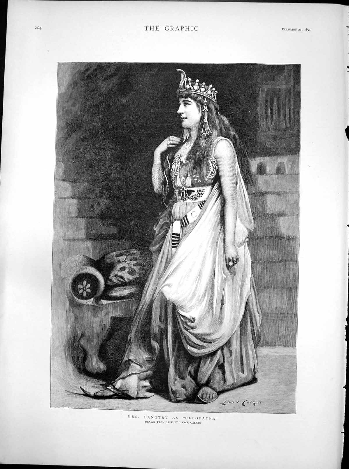 Original Old Antique Print Mrs Langtry As Cleopatra Lance Calkin 1891 Victorian