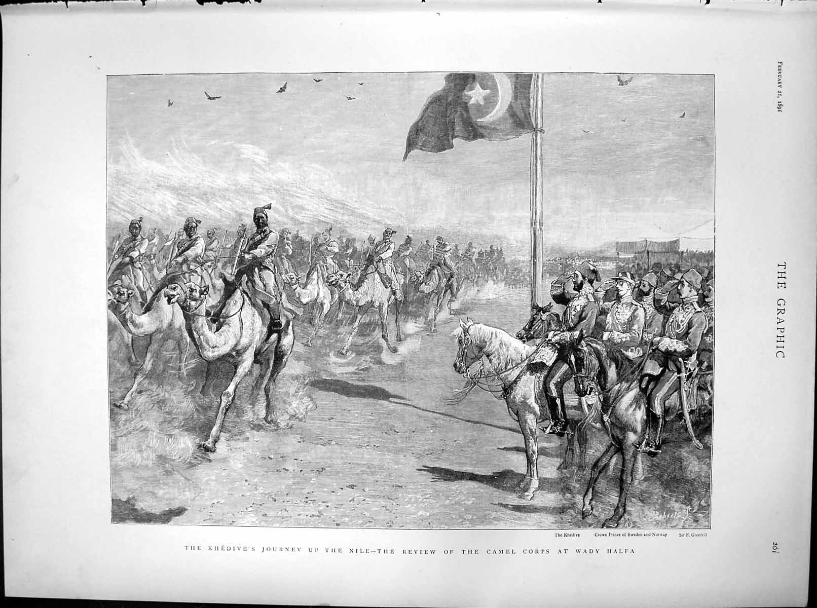 Antique Old Print Khedives Journey Up Nile Review Camel Corps Wady Halfa 1891