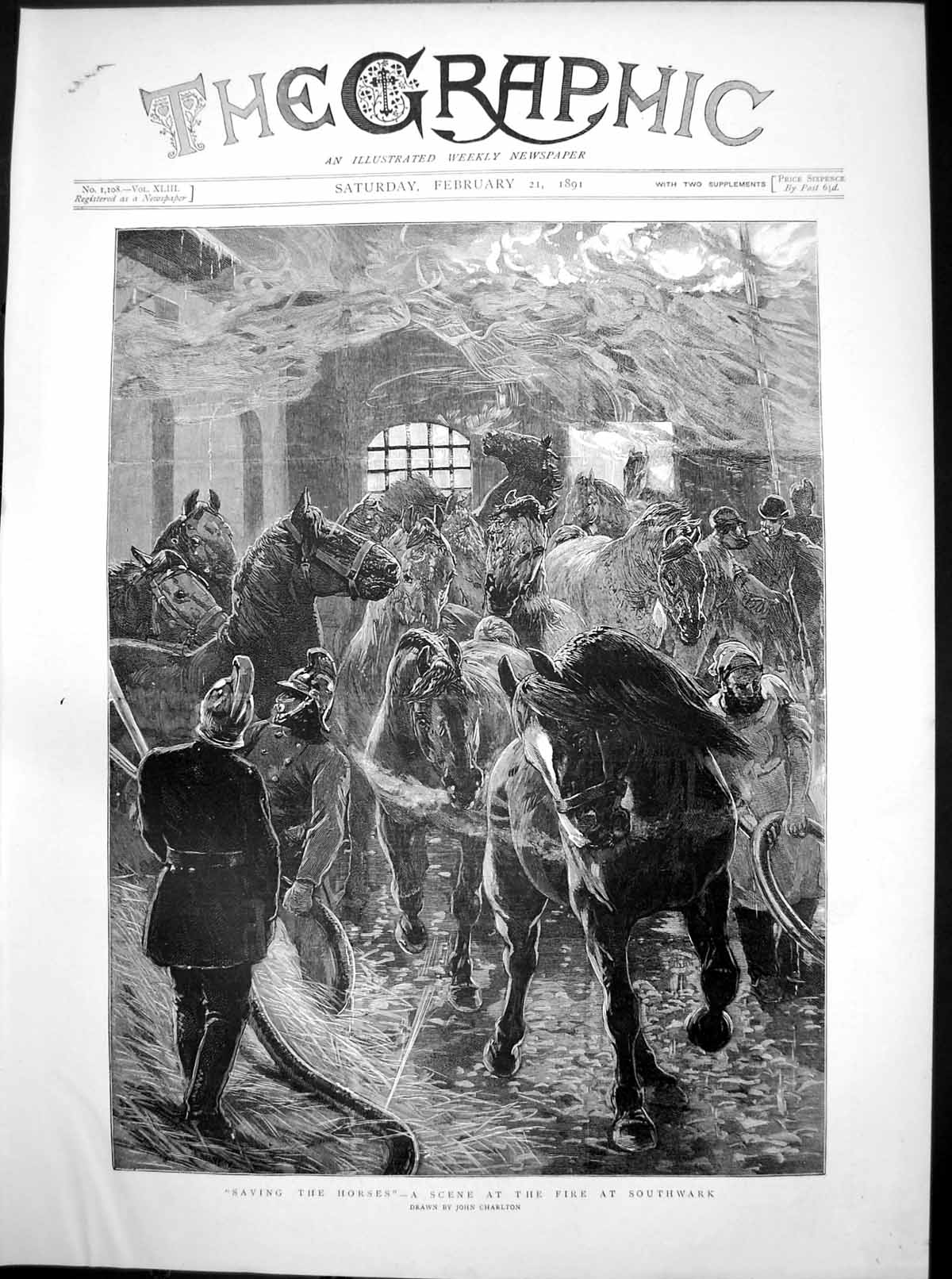 Original Old Antique Print Saving Horses Scene Fire Southwark John Charlton
