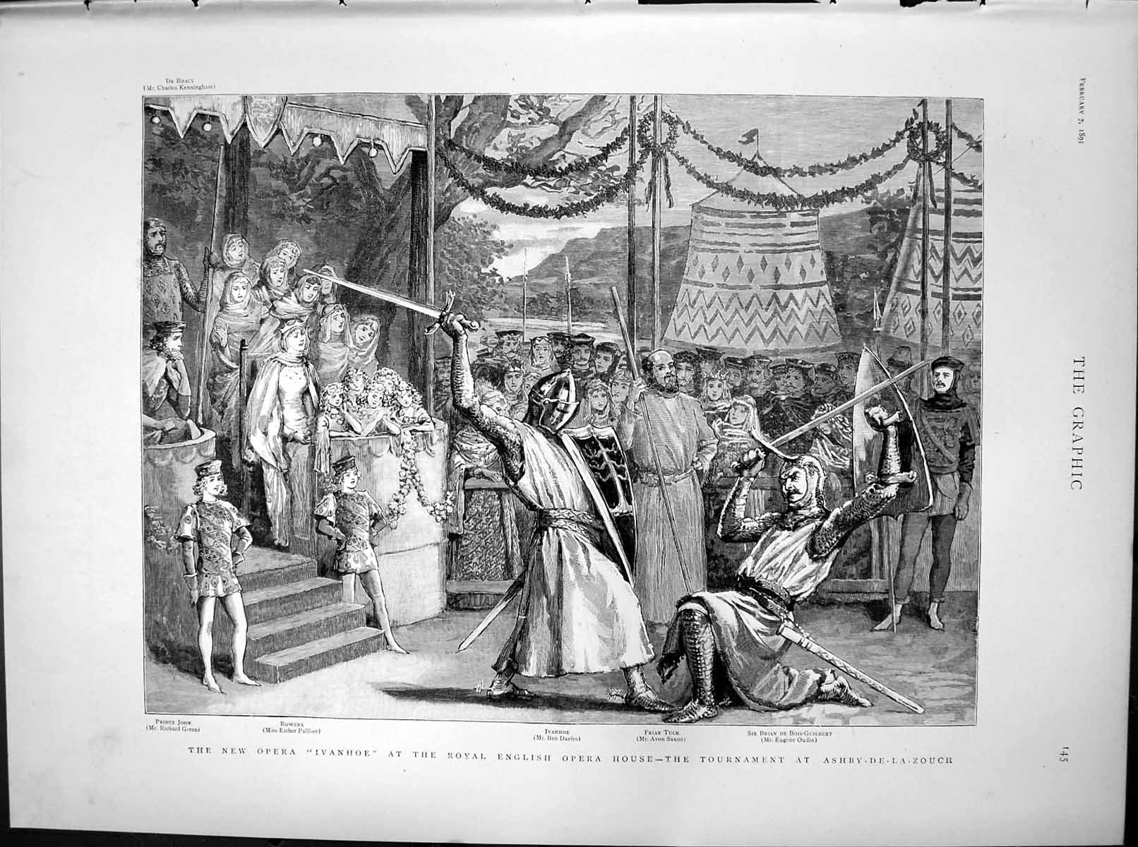 Original Old Antique Print New Opera Ivanhoe Tournament Ashby De La Zouch 1891