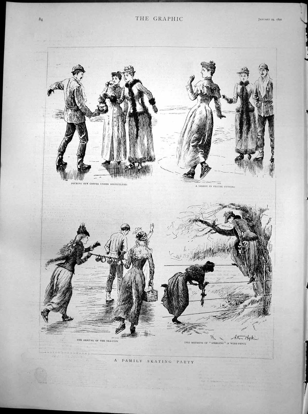 Antique Print Family Skating Party Pouring Coffee Speeling Wire Fence 1891 19th