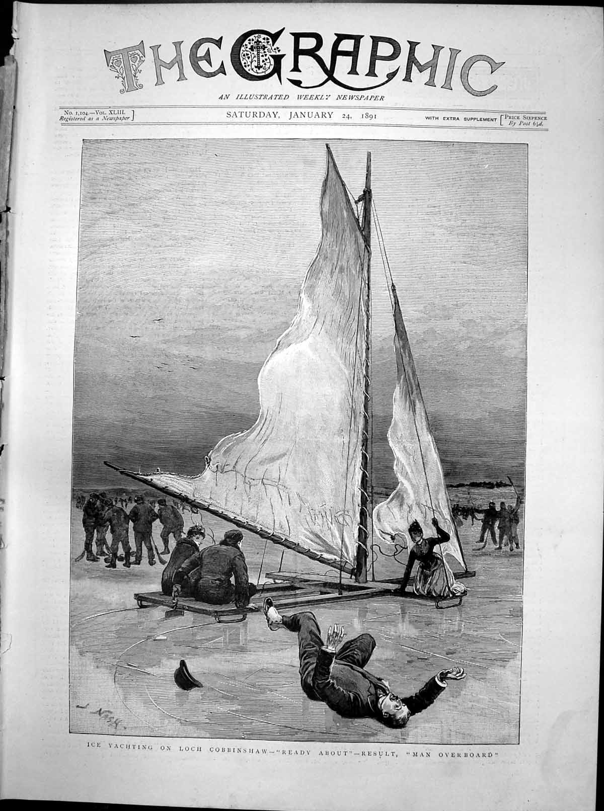 Old Antique Print Ice Yachting Loch Cobbinshaw Result Man Overboard 1891 19th