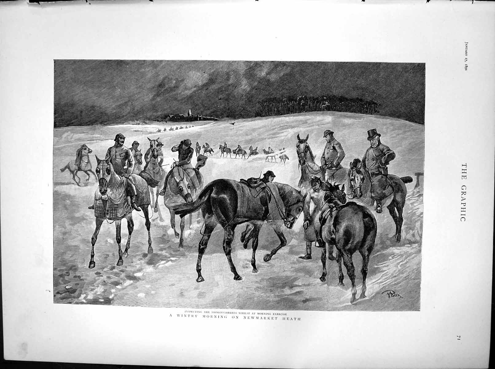 Antique Old Print Wintry Morning Newmarket Heath Inspecting Thoroughbreds1891
