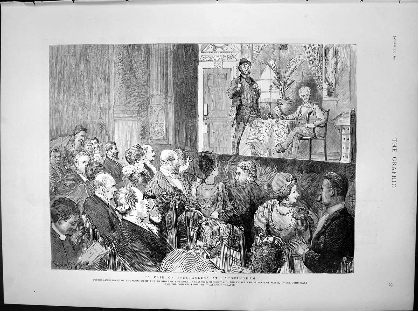 Antique Print Pair Spectacles Sandringham Performance Garrick Theatre 1891 19th