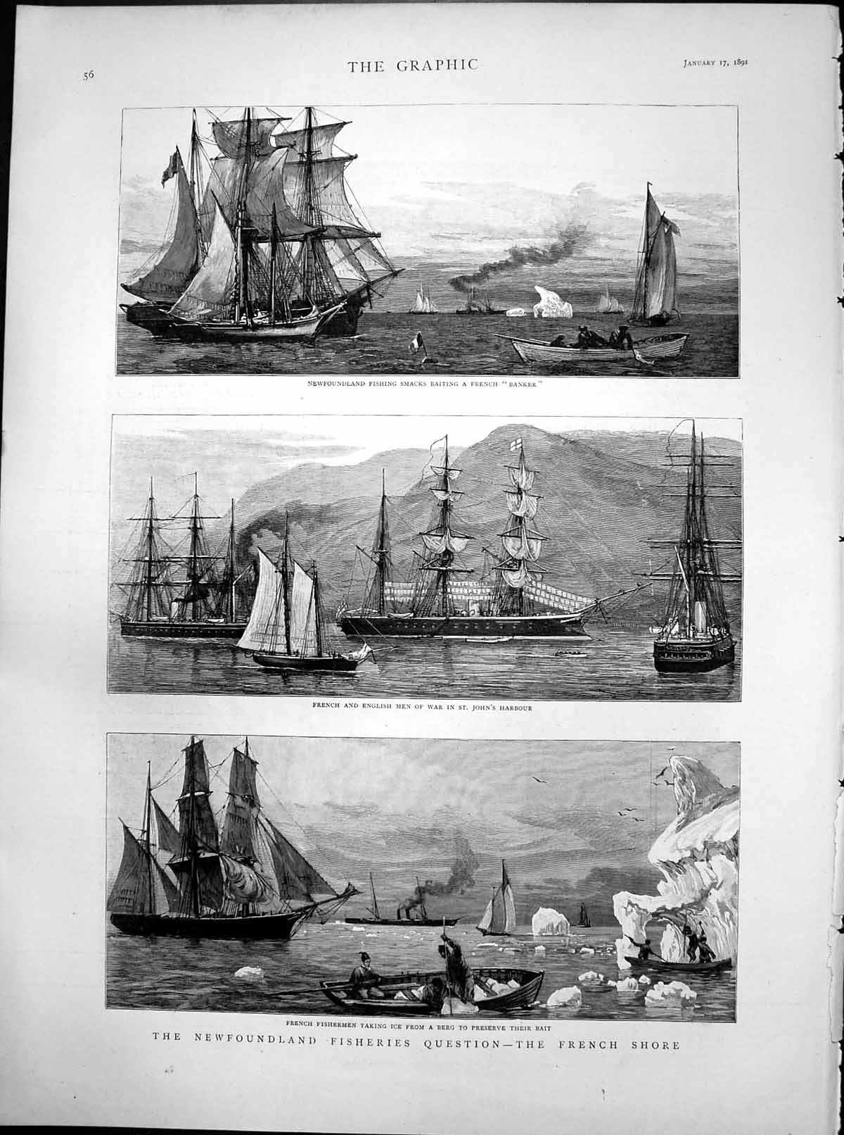 Antique Old Print Newfoundland Fisheries French Shore Men War St Johns 1891