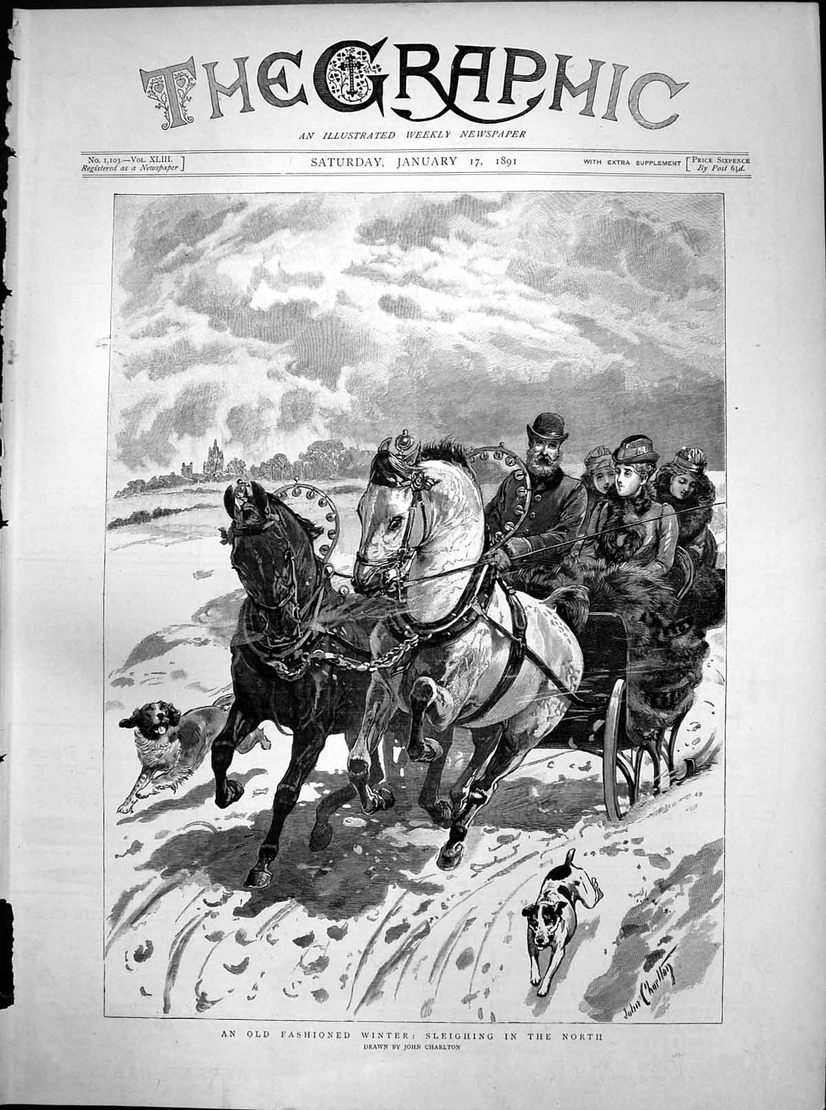 Original Old Antique Print Fashioned Winter Sleighing North John Charlton 1891