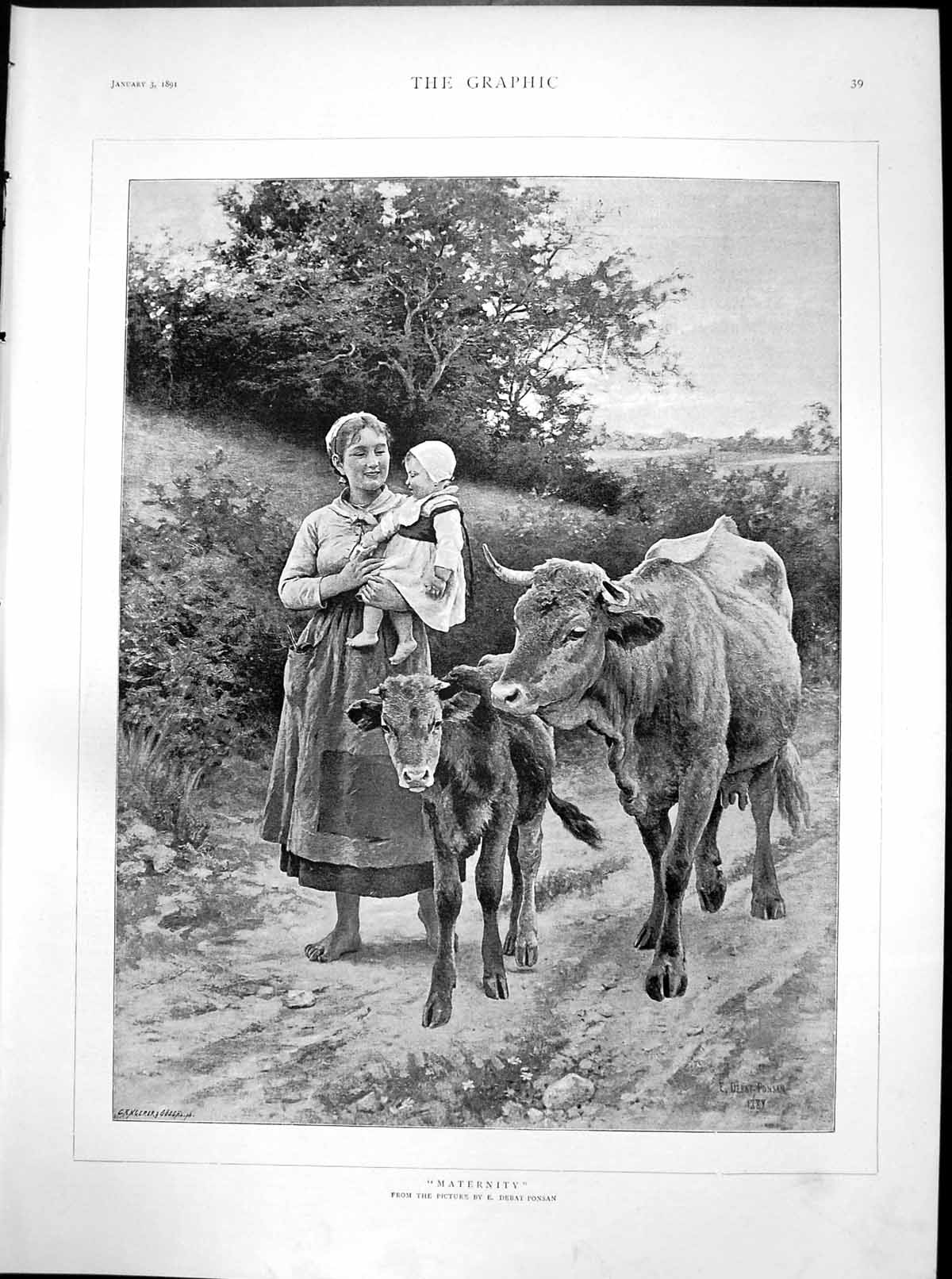 Original Old Antique Print Maternity E Debat Ponsan Mother Child Cow Calf 1891