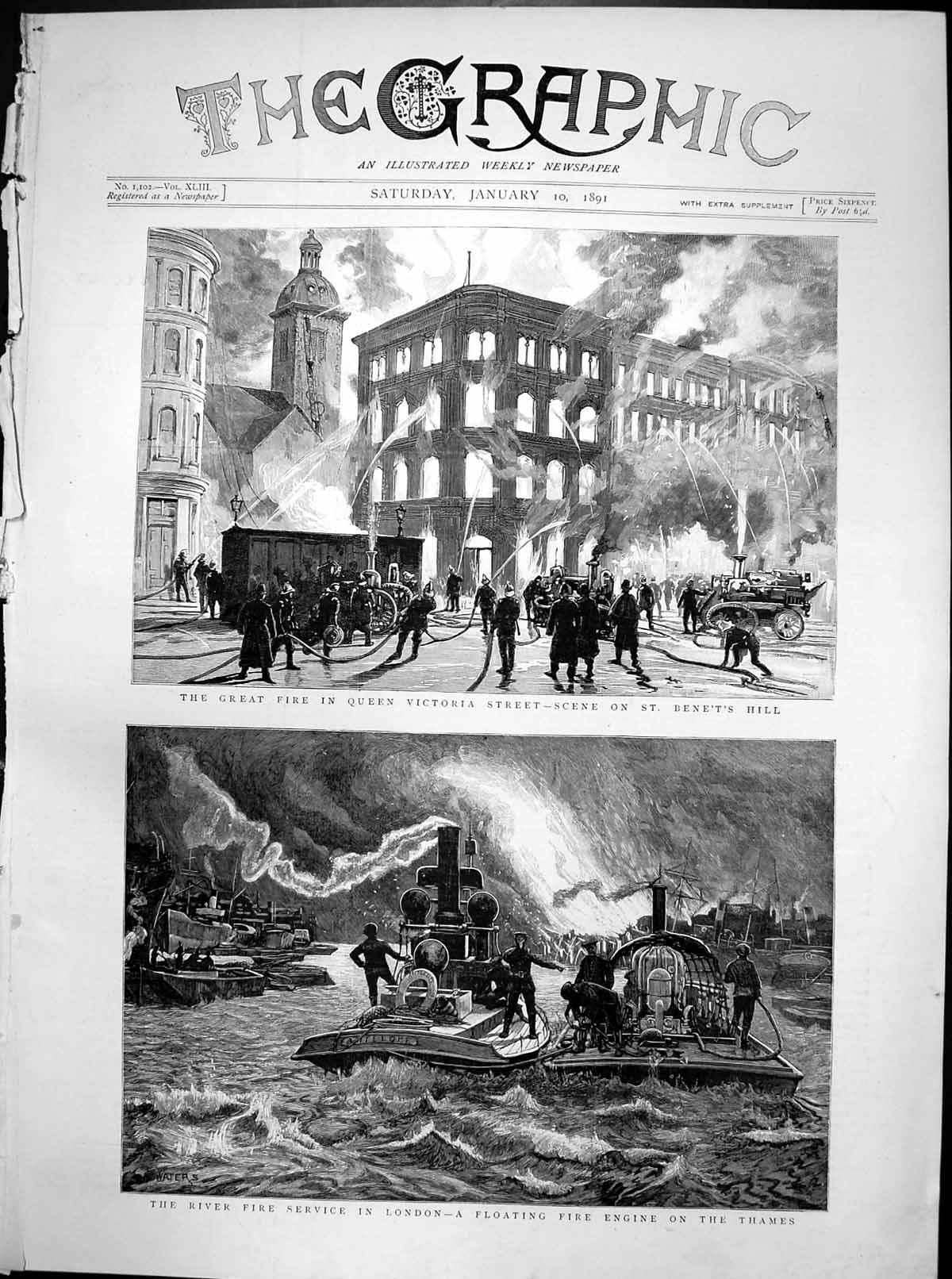 Antique Print Fire Queen Victoria St Floating Fire Engine Thames River 1891