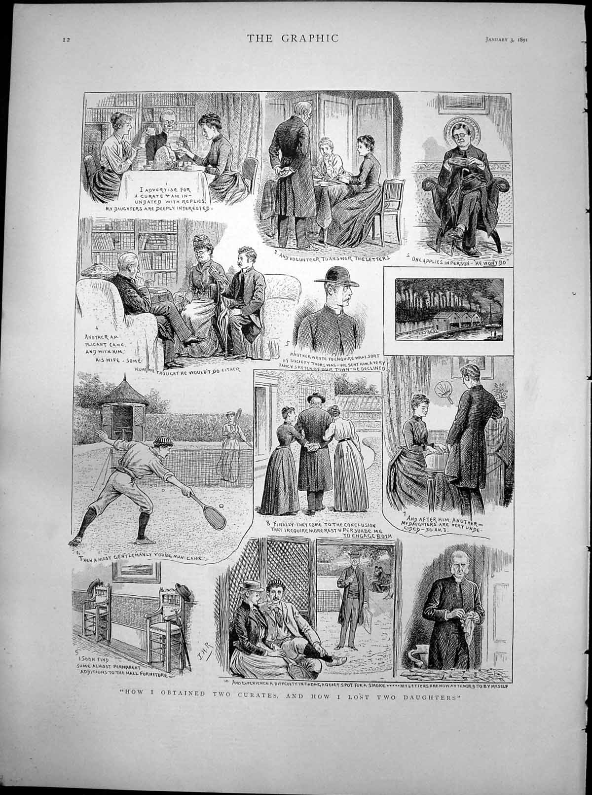 Original Old Antique Print How Obtained Two Curates How Lost Two Daughters 1891