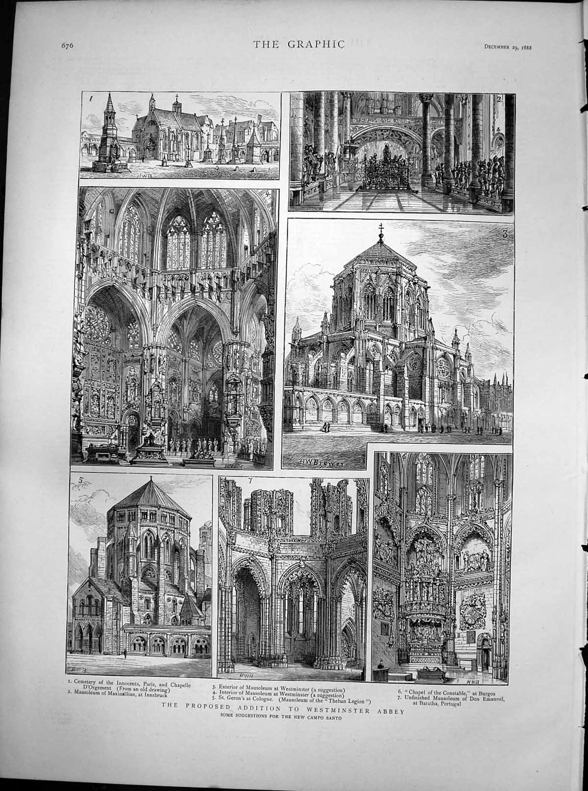 Original Old Antique Print Proposed Addition Westminster Abbey Campo Santo 1888