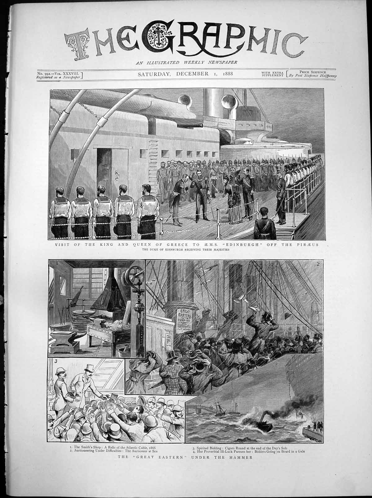 Antique Old Print Great Eastern Under Hammer King Queen Greece Edinburgh 1888