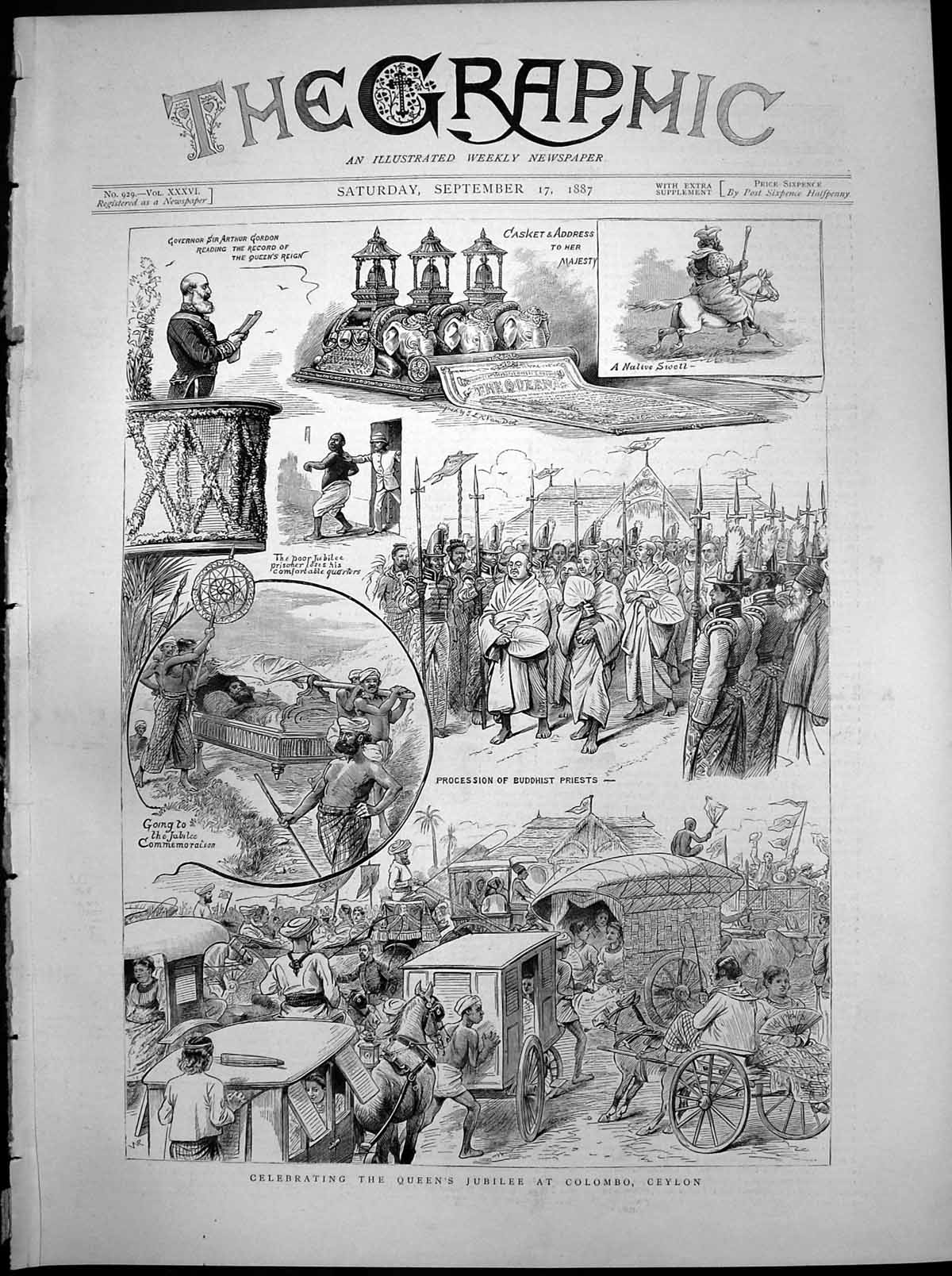 Old Print Celebrating Queens Jubilee Colombo India Buddhist Priests 1887 19th