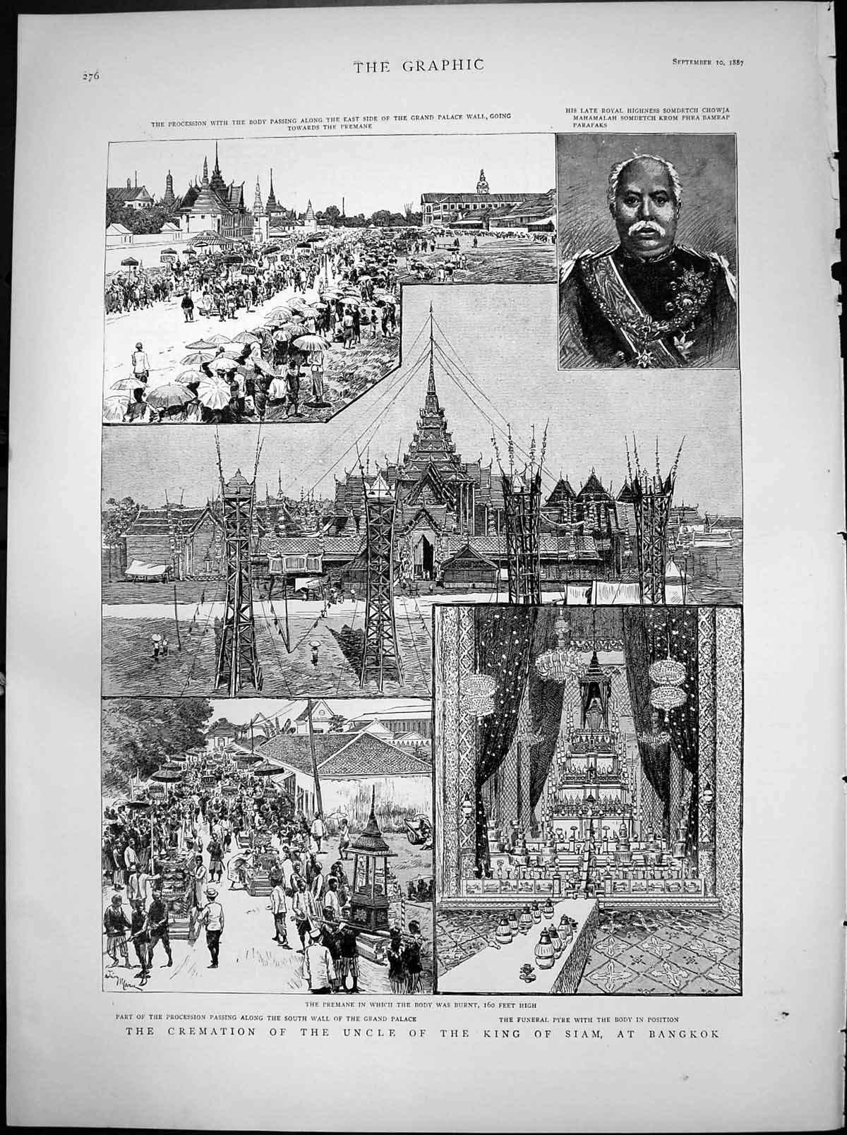 Antique Old Print Cremation Uncle King Siam Bangkok Procession Palace 1887 19th