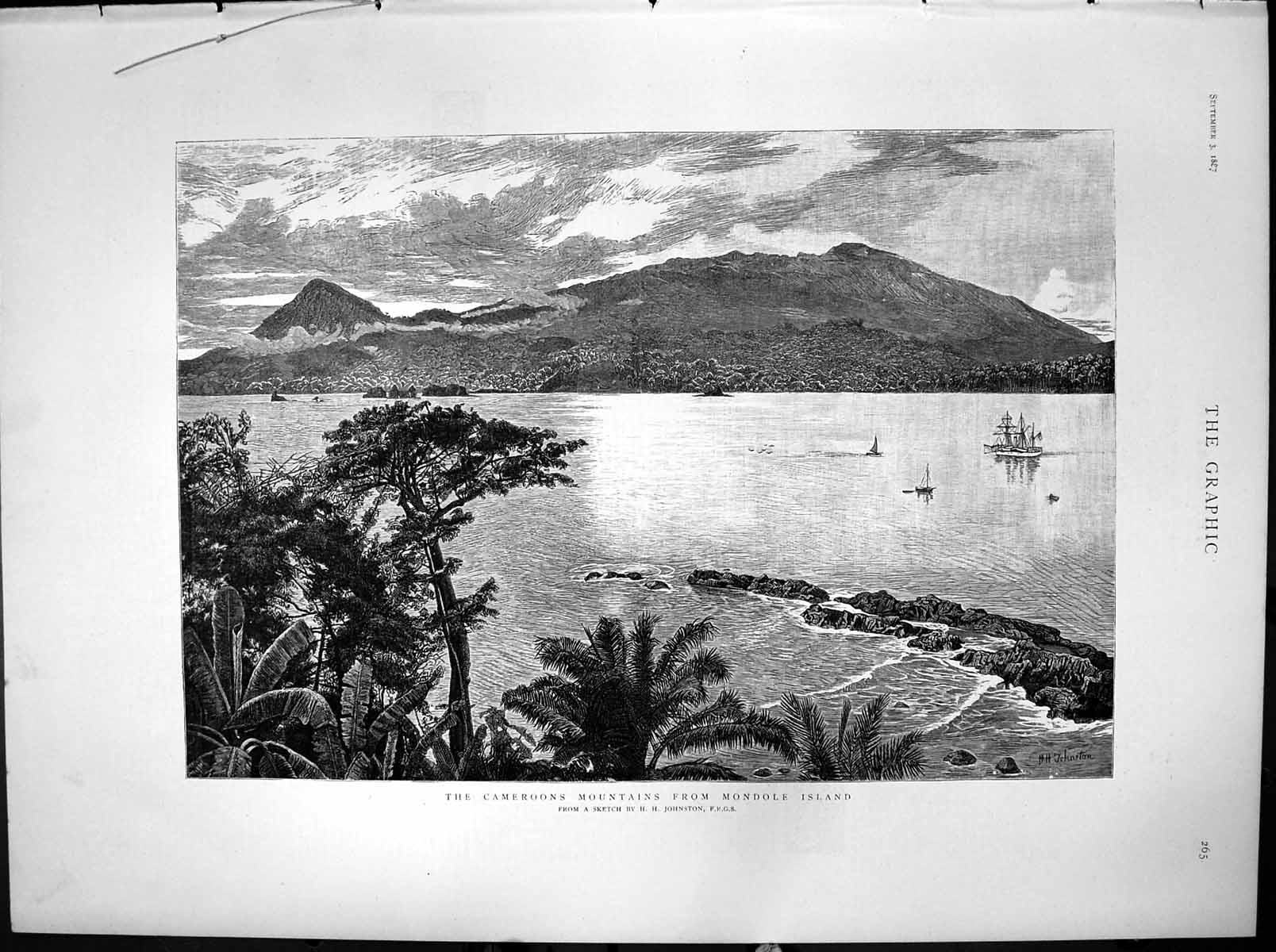 Old Antique Print Cameroons Mountains From Mondole Island H Johnston 1887 19th