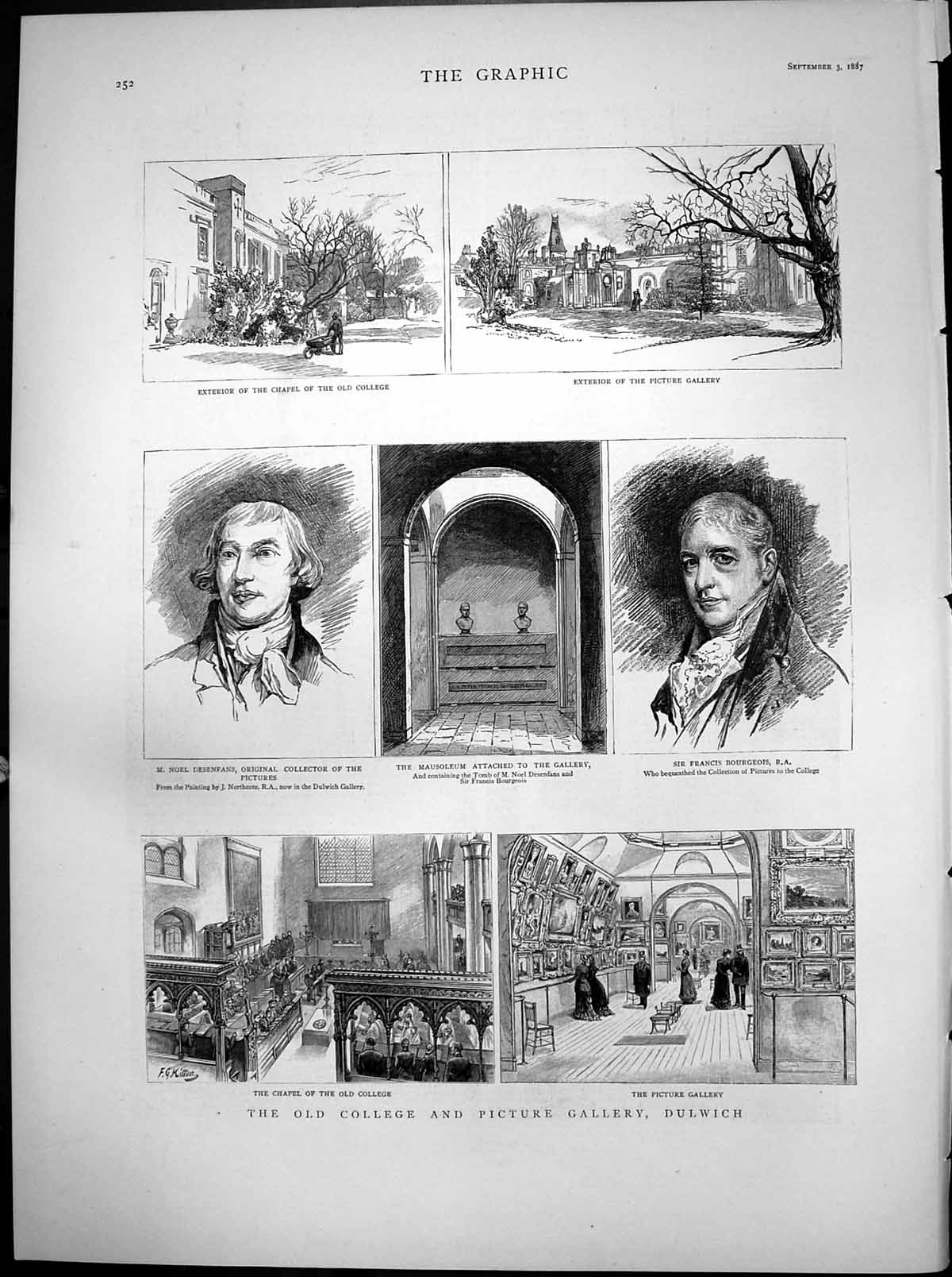 Old Antique Print College Picture Gallery Dulwich Chapel Mausoleum 1887 19th