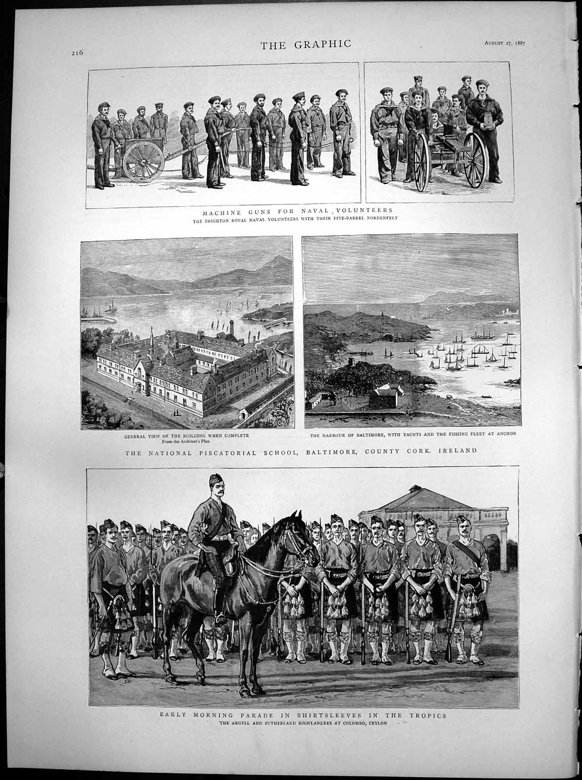 Old Print Machine Guns Naval Volunteers Nat Piscatorial School Cork 1887 19th