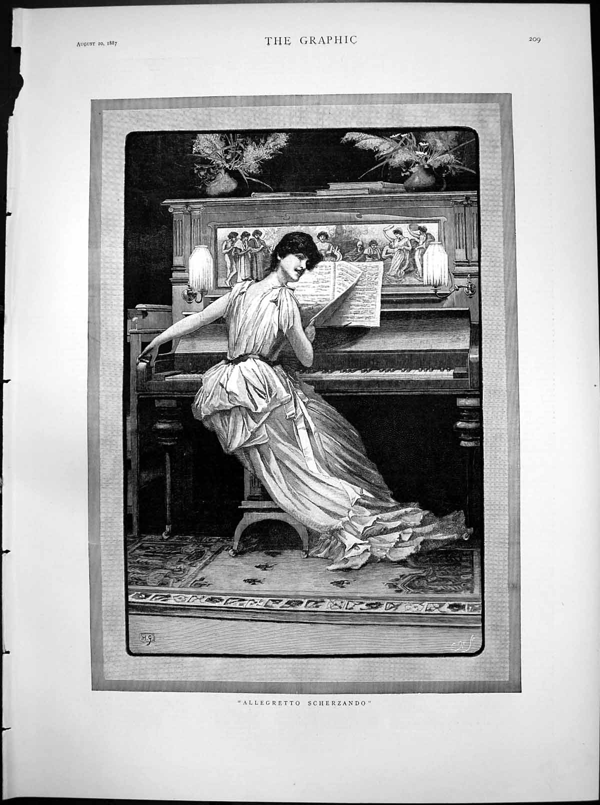 Antique Old Print Allegretto Scherzando Young Woman Playing Piano Music 1887
