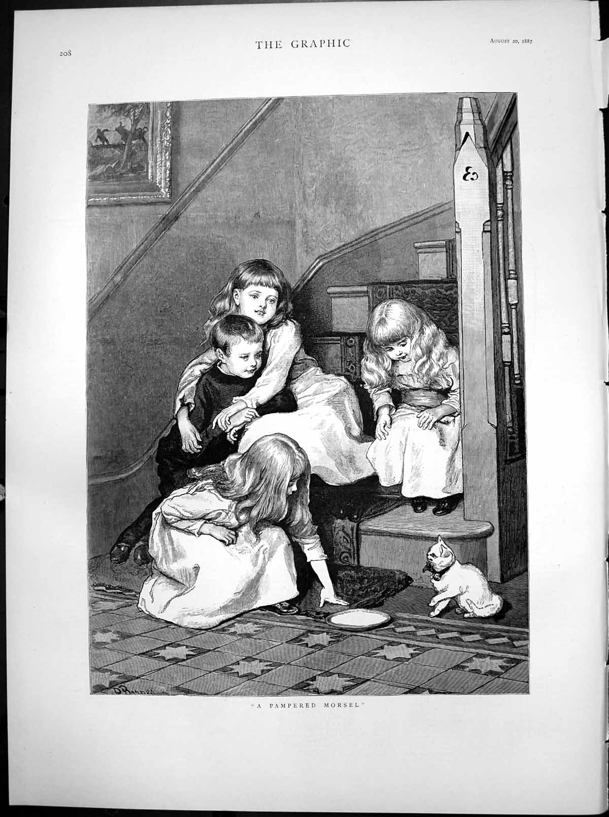 Old Antique Print Pampered Morsel Children Staircase Feeding Kitten 1887 19th