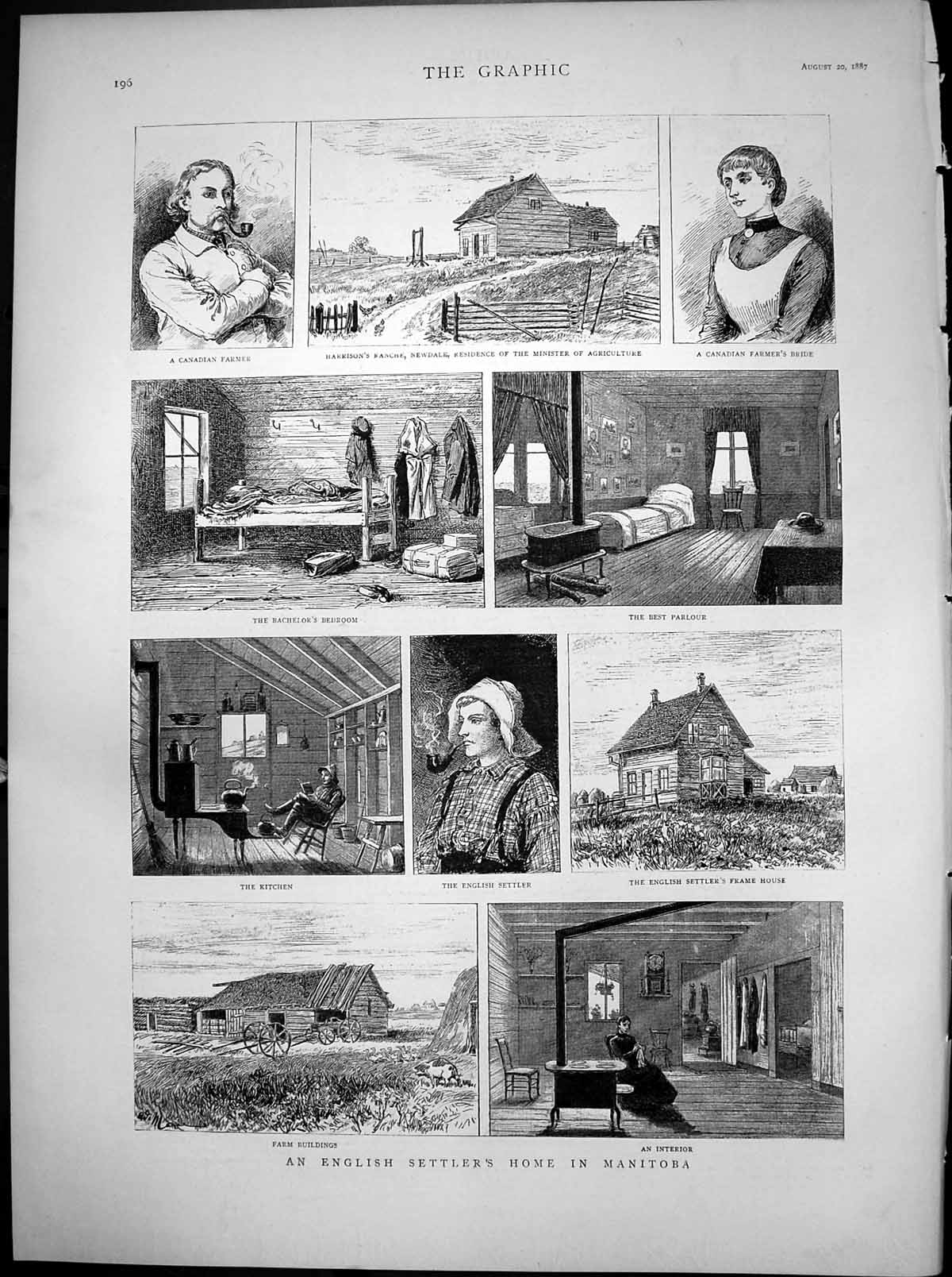 Antique Old Print English Settlers Home Manitoba Canadian Farmer Kitchen 1887