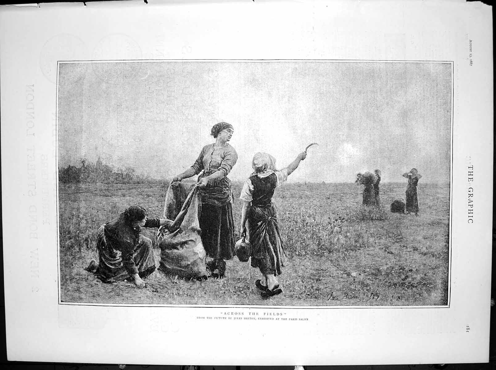 Old Print Across Fields Jules Breton Paris Salon Filling Sacks Field 1887 19th