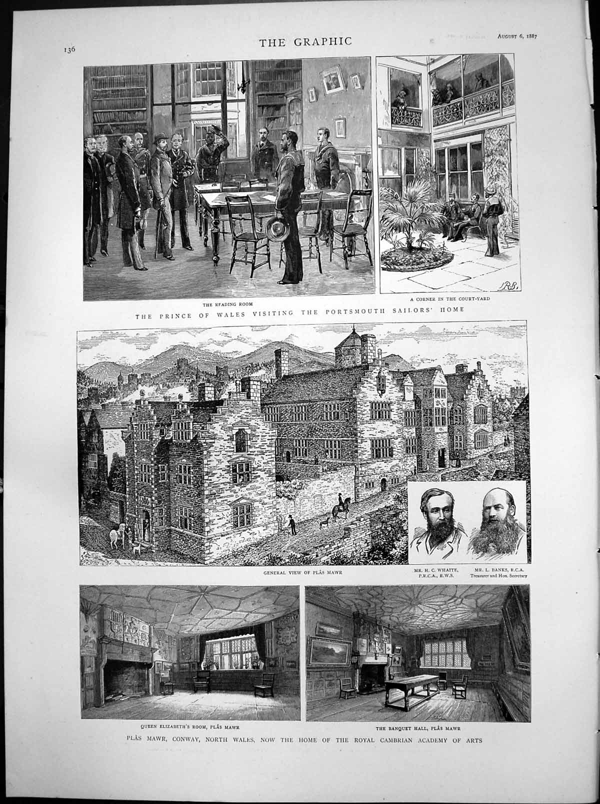 Antique Old Print Prince Wales Portsmouth Sailors Home Plas Mawr Conway 1887
