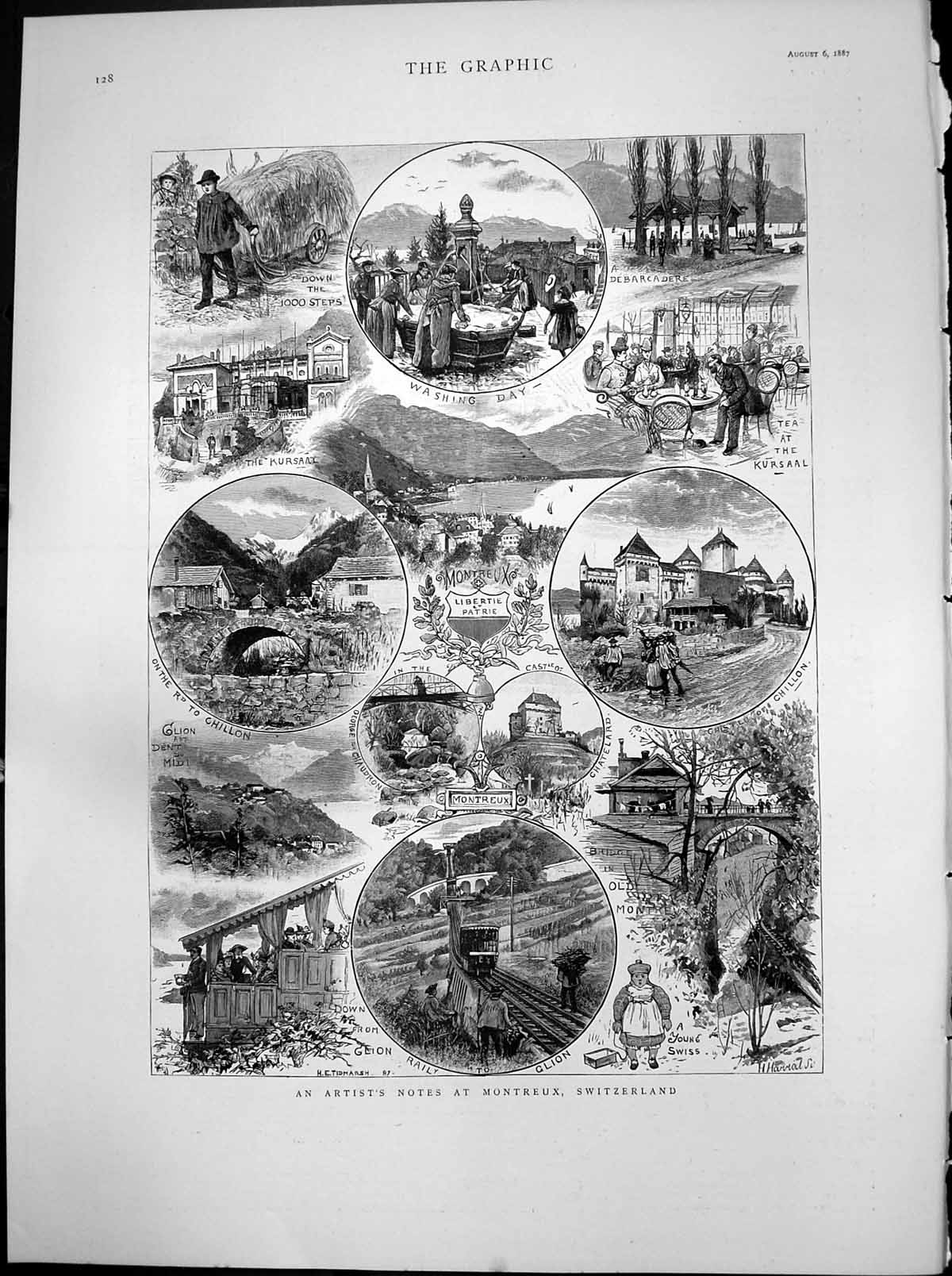 Antique Print Montreux Switzerland Castle Chillon Railway Glion Kursaal1887