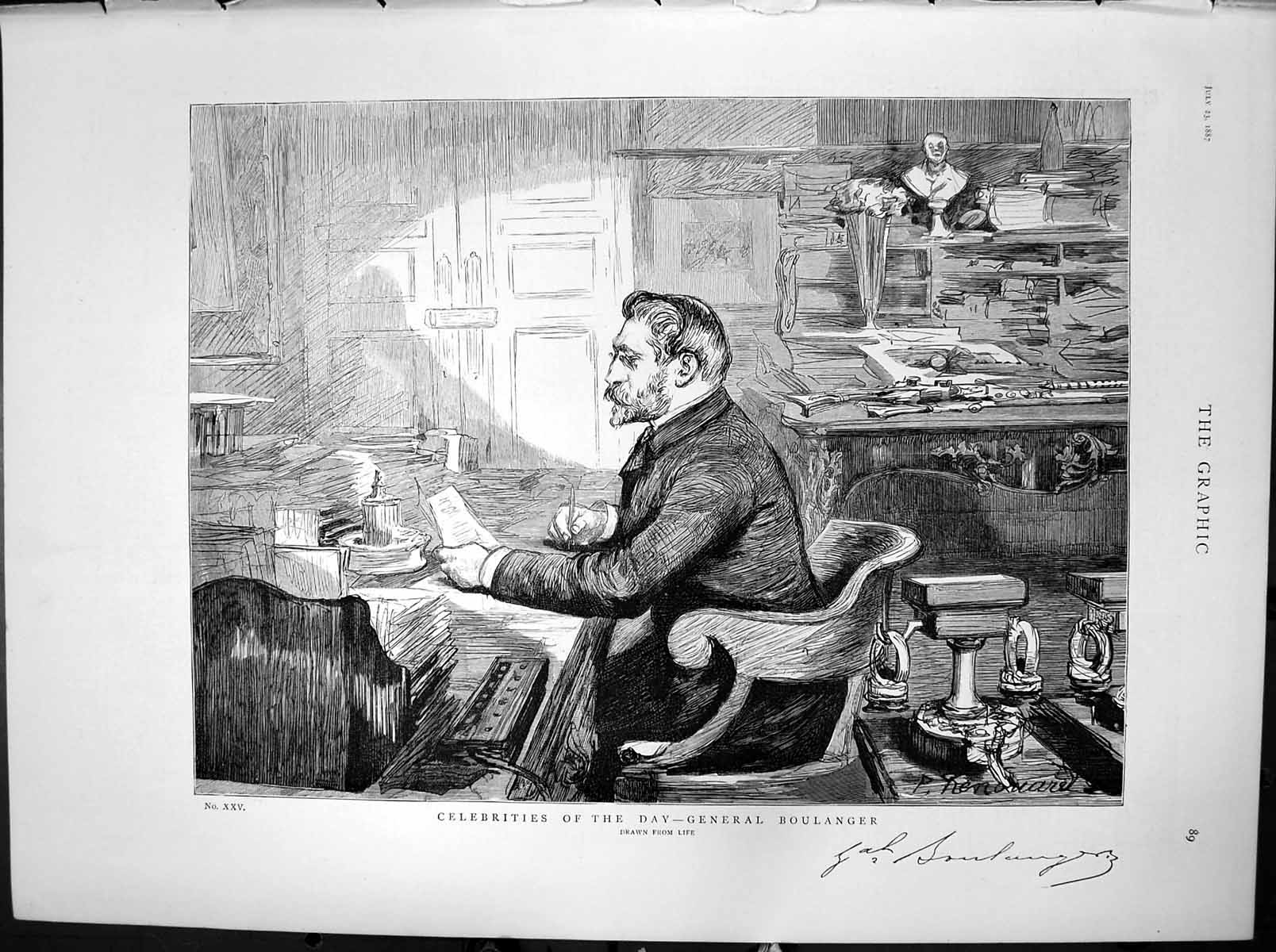 Original Old Antique Print Celebrities Day General Boulanger Sitting Study 1887