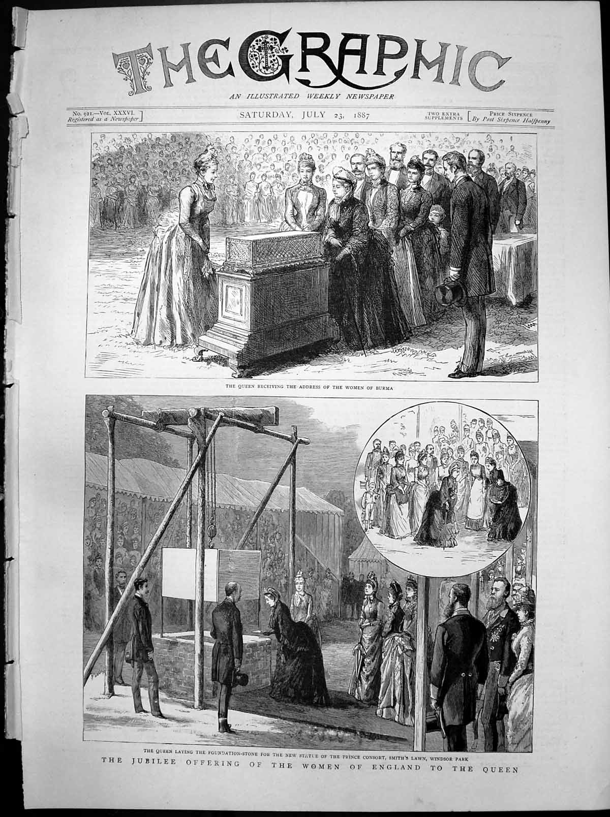 Old Antique Print Jubilee Women England Queen Statue Prince Consort 1887 19th