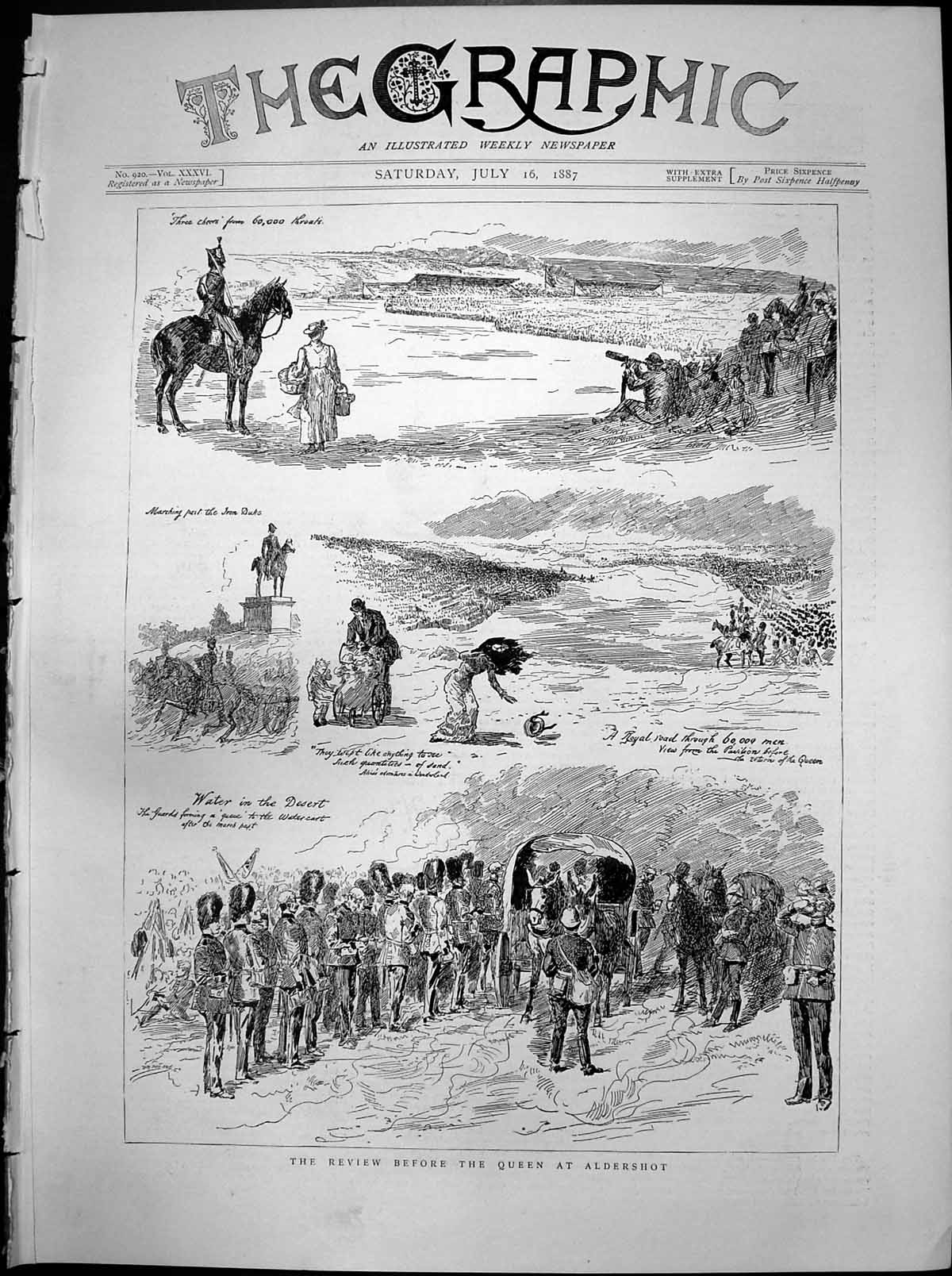 Antique Old Print Review Before Queen Aldershot View 60000 Men Pavilion 1887