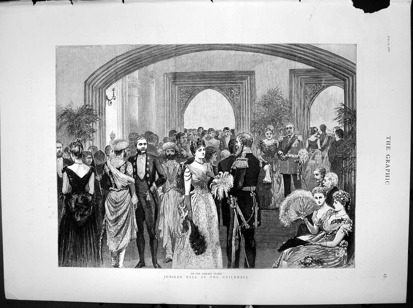 Original Old Antique Print Jubilee Ball Guildhall Guests Library Stairs 1887